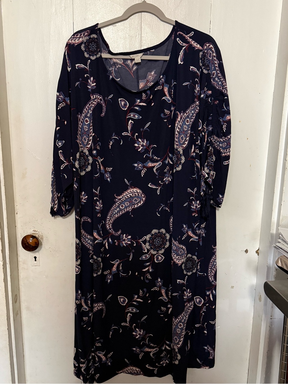 Paisley Print Long Sleeve Navy Midi Dress